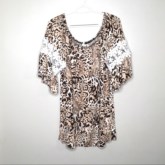 Coco Kelly Tops - Coco Kelly Leopard Floral Bell Sleeve Tunic Top